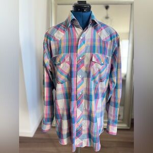 Vintage Wrangler Western Blue Pink Colorful Plaid Pearl Snap Cowboy Mens Shirt